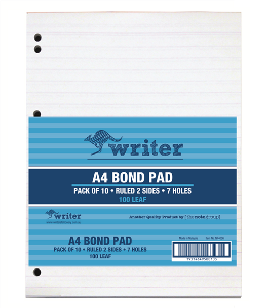 Writer Bond Office Pads A4 100 Leaf Ruled 7 Holes Pack 10