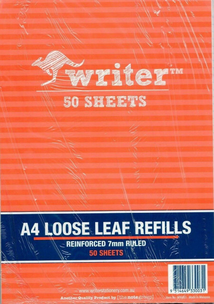 Writer A4 Reinforced Binder Refills 7mm Ruled Pack of 50 Sheets