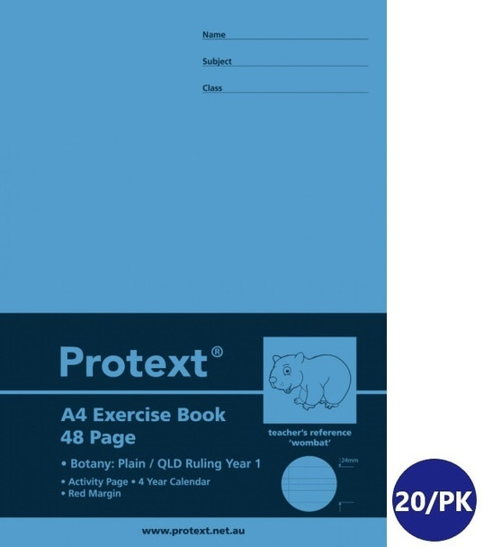 Protext NB5079 A4 Exercise Book 48 Page Botany Plain/QLD Ruled Year 1 with Margin Wombat – Pack of 20