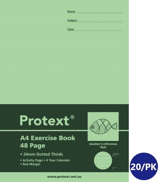 Protext Exercise Book A4 48 Page 24mm Dotted Thirds Ruled Fish Pack of 20