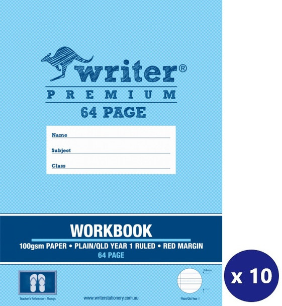 Writer Premium Workbook 330x245mm 64 Page Plain Plus QLD Year 1 Ruled with Margin Thongs Pack 10
