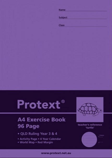 Protext Exercise Book A4 96 Page QLD Year 3 and 4 Ruled with Margin Turtle Pack of 10
