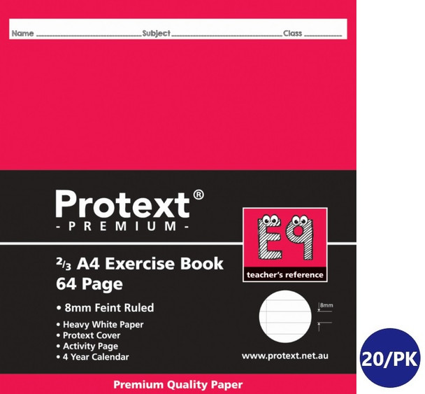 Protext Premium Exercise Book 2/3 A4 64 Page 8mm Ruled Red Margin E9 Pack of 20