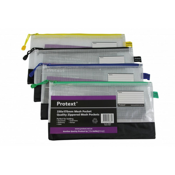Protext 330 x 180mm Mesh Pouch with Note Card Holder Assorted Zipper Pack of 20