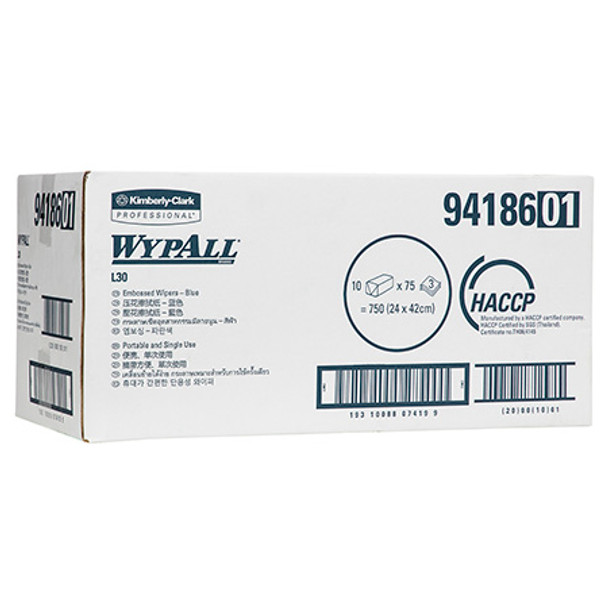 WypAll L30 Embossed Wiper Single Sheet 3 Ply Blue 75 Sheets Packs of 10