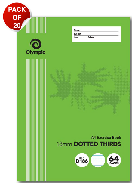 Olympic Exercise Book A4 64 Pages 18mm Dotted Thirds Ruled Pack of 20