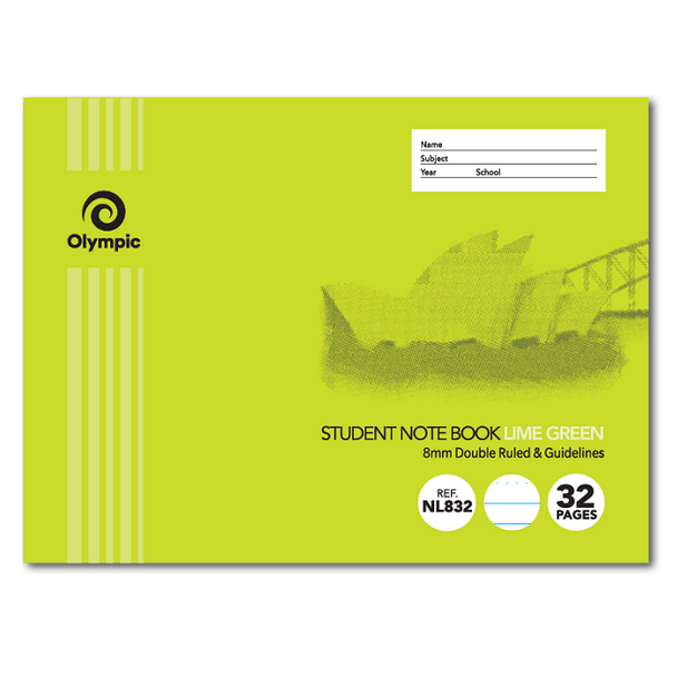 Olympic NSW Student Notebook Double Ruled 8mm Lime Green 175 x 240mm Box of 20