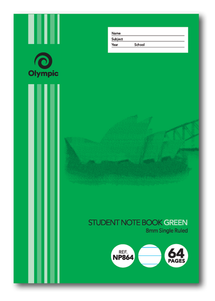 Olympic NSW Student Notebook Single Ruled 8mm Green 250 x 175mm Box of 20