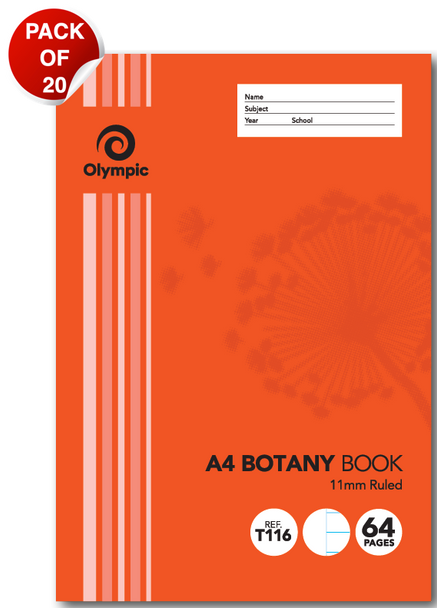 Olympic Botany Book A4 64 Pages 11mm Feint Ruled Pack of 20