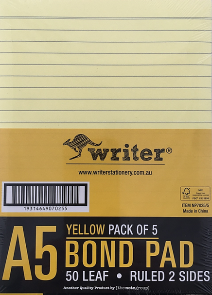 Writer #NP7025 Bond Pad Ruled 2 Sides 50 Sheet A5 Yellow (205x150mm) Pack 5 | It's A Mega Thing