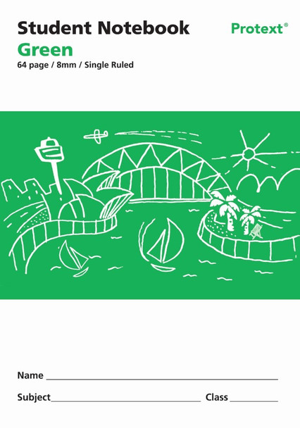 Protext Student Notebook 64 Page 8mm Single Ruled Green Pack of 20