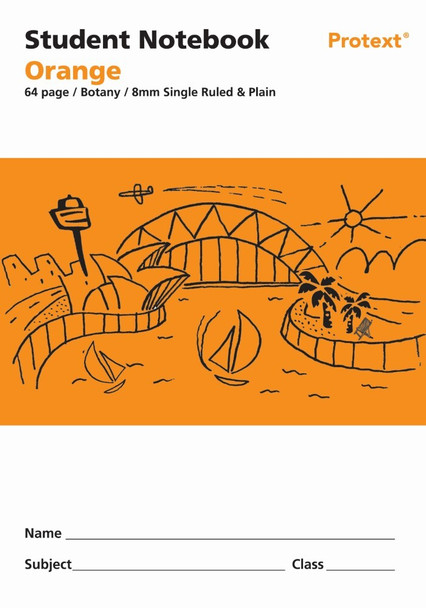 Protext Student Notebook 64 Page 8mm Single Ruled and Plain Orange Pack of 20