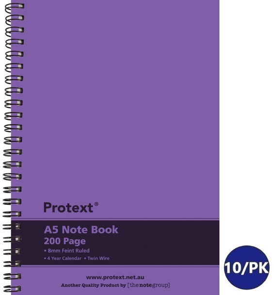 Protext Twin Wire Notebook A5 PP Cover Ruled 200 Page Purple Pack of 10