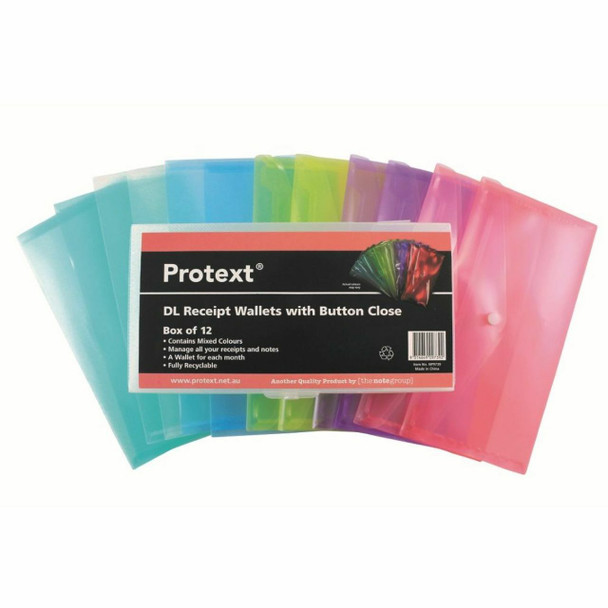 Protext Document Wallet DL PP Button Closure Transluscent Assorted Pack of 12