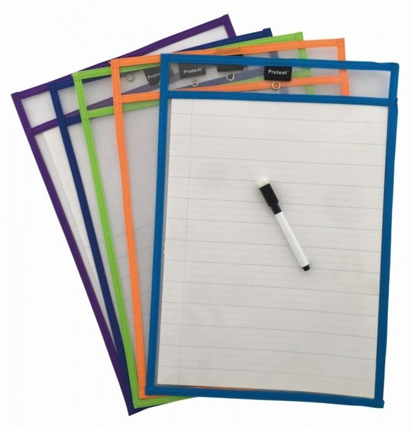 Protext Clear Rewritable Student Pocket A4 Assorted Colour Trim with Marker Pack of 10