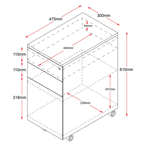 Rapidline Go Slimline Steel Mobile Pedestal White China 3 Drawer