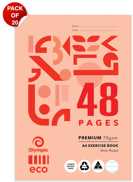 OLYMPIC 198871 ECO EXERCISE BOOK A4 48 PAGES 8MM RULING E848P - PACK OF 20 (AP198871)