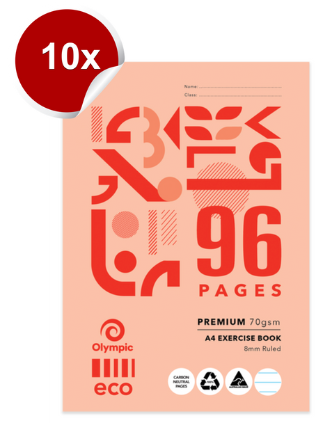 Olympic Eco Exercise Book A4 96 Pages 8mm Ruling Stapled Pack of 10