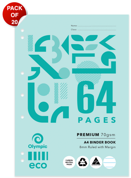 Olympic Eco Binder Book A4 64 Pages 8mm Ruling Stapled Pack of 20