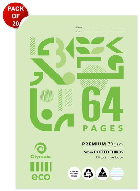 Olympic Eco Exercise Book A4 64 Pages 9mm Dotted Thirds Stapled Pack of 20