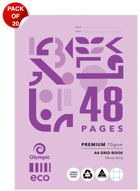 Olympic Eco Grid Exercise Book A4 48 Pages 10mm Stapled Pack of 20