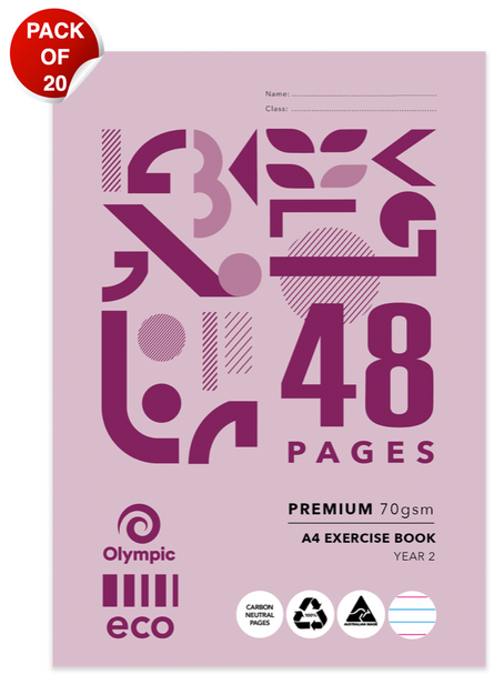 Olympic Eco Exercise Book A4 48 Pages Year 2 QLD Ruling Stapled Pack of 20