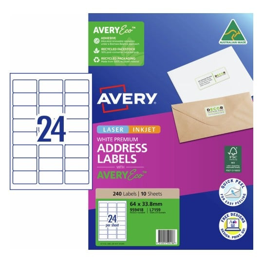AveryEco premium address labels 64 x 33.8mm 24 per sheet laser and inkjet pack