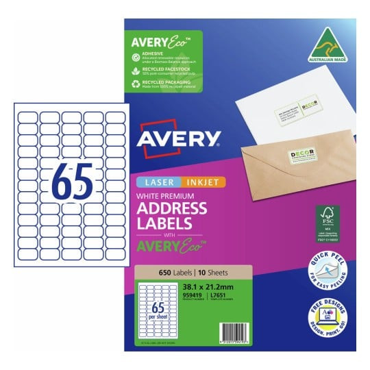 AveryEco premium address labels 38.1 x 21.2mm 65 per sheet laser and inkjet pack