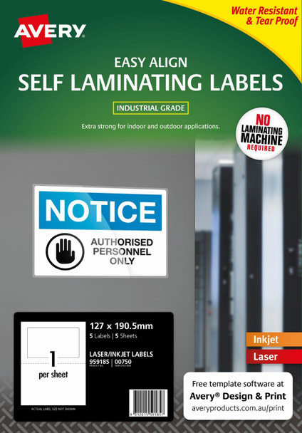 Avery Self Laminating Labels 00750 5 Pack 127 x 190.5mm Laser Inkjet White