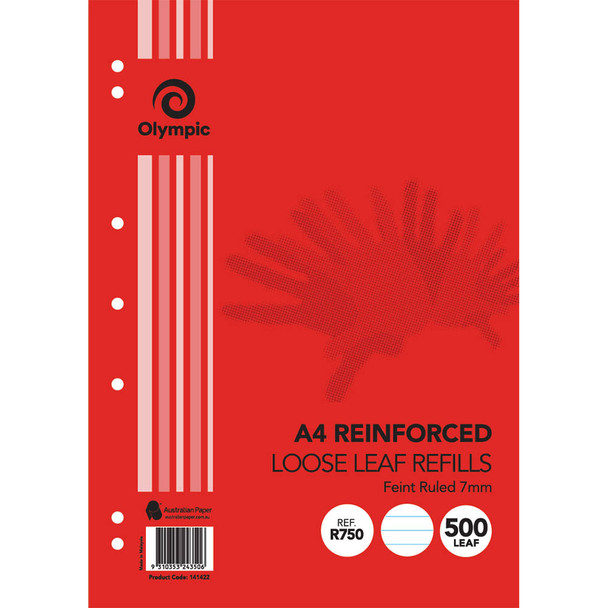 Olympic Loose Leaf Refill Reinforced A4 7mm Ruled 500 Leaf Box of 5