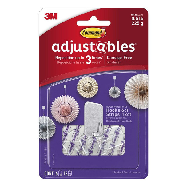 COMMAND ADJUSTABLES 17830CLR-6ES 6 PACK ADHESIVE SMALL (UP TO 225G) REPOSITIONABLE WALL HOOKS CLEAR