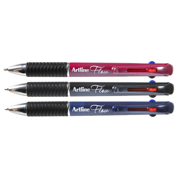 Artline Flow 4 Colour Retractable Ball Point Pen 3 Pack Assorted 198173 - Pack of 6 | Mega Office Supplies
