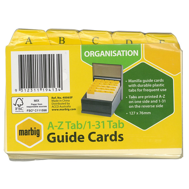 Marbig 40065F Guide Card 5x3 Manilla A-Z/1-31 Tabs Buff/Yellow | It's A Mega Thing