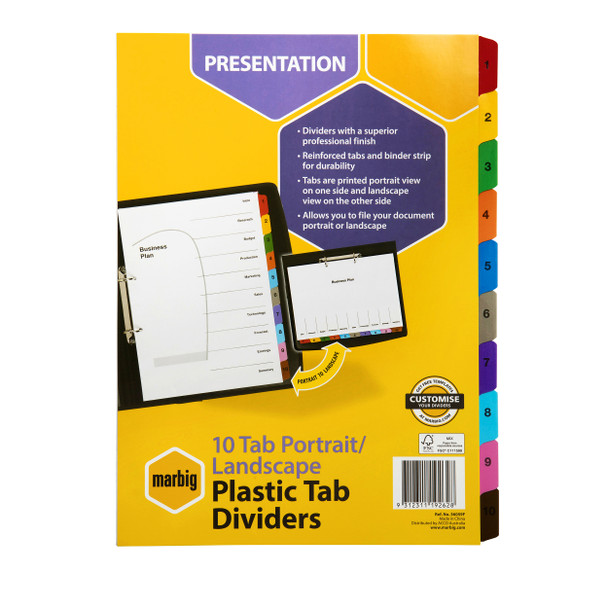 Marbig Dividers Portrait or Landscape 10 Tab A4 Multi Colour