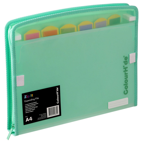 ColourHide 9026007J ZipIt A4 Expanding File - 7 Pockets Biscay Green | Mega Office Supplies
