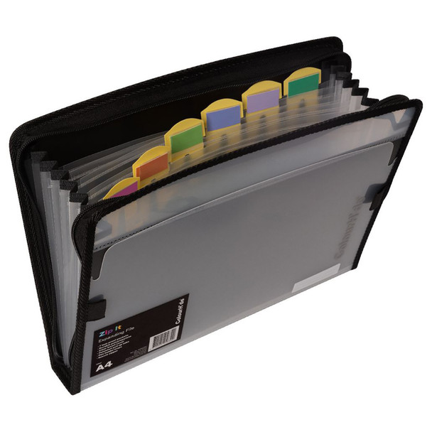 ColourHide ZipIt A4 Expanding File - 7 Pockets Black 9026002J | Mega Office Supplies