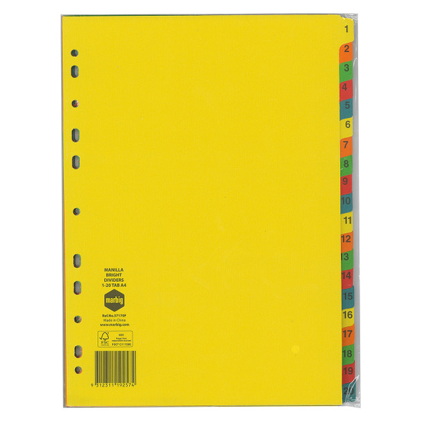 Marbig Indices and Dividers 1-20 Tab Manilla A4 Brights Pack of 25