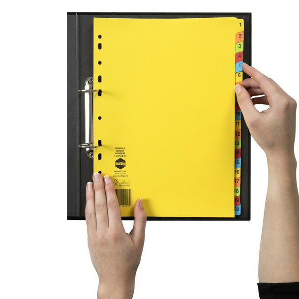 Marbig A4 Indices and Dividers 1-20 Tab Manilla Brights Pack of 25