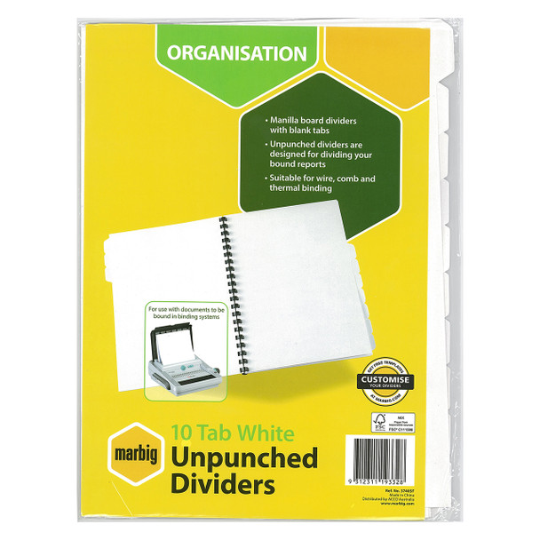 Marbig Indices and Dividers 10 Tab Manilla A4 Unpunched White Pack of 25