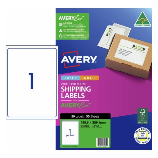 Avery 936085 premium shipping labels with AveryEco pack shot showing 1 label per sheet 199.6 x 289.1mm pack of 50