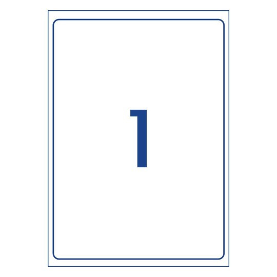 Label layout diagram showing 1 large rectangular label per A4 sheet for 199.6 x 289.1mm size