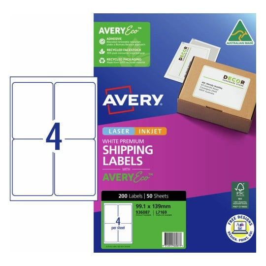 Avery 936087 premium shipping labels with AveryEco pack shot showing 4 labels per sheet 99.1 x 139mm pack of 50