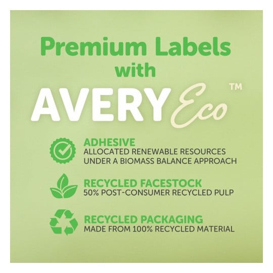 Premium labels with AveryEco information panel showing recycled facestock and recycled packaging features