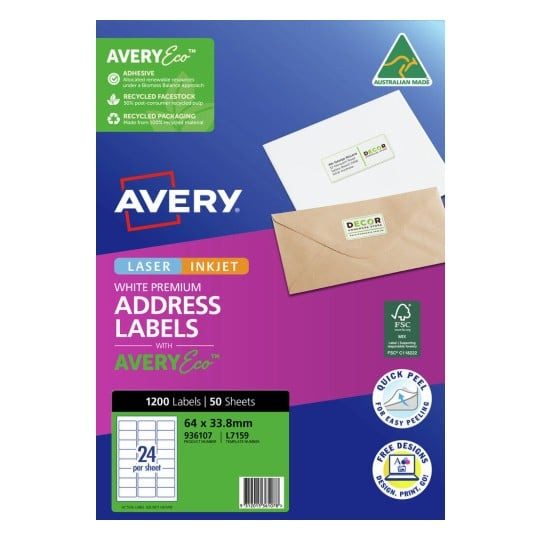 Avery premium address labels with AveryEco product pack front showing white matt labels suitable for laser and inkjet