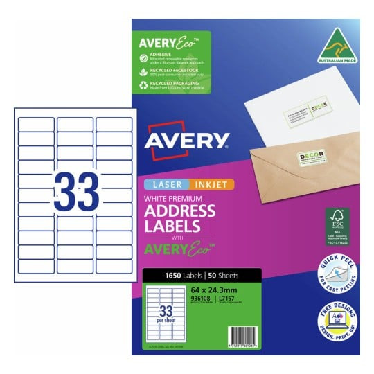 Avery 936108 premium address labels with AveryEco 33 per sheet 64 x 24.3mm pack of 50