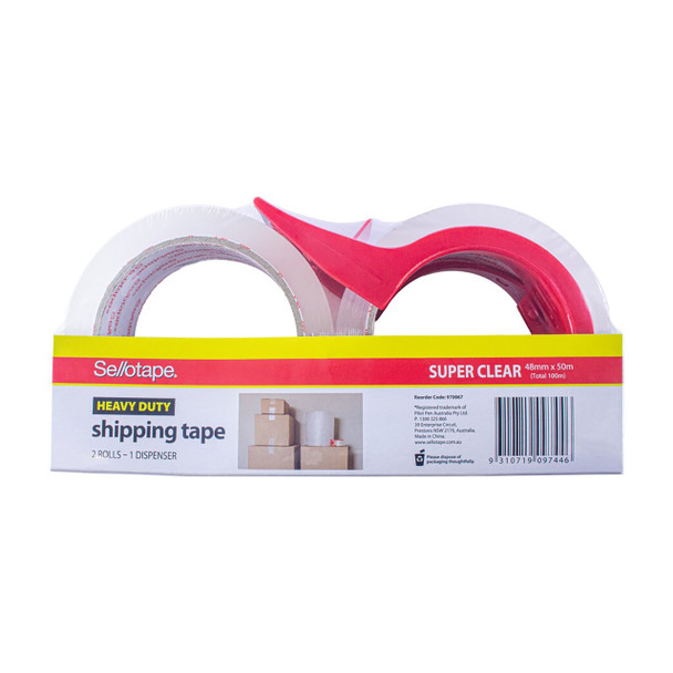 Sellotape Dispenser and Heavy Duty Packaging Tape 2 Rolls 48mm x 50m Super Clear Pack of 3