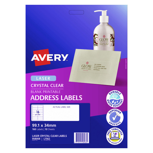 Avery Crystal Clear Address Labels L7562 10 Pack 99.1 x 34mm 16UP
