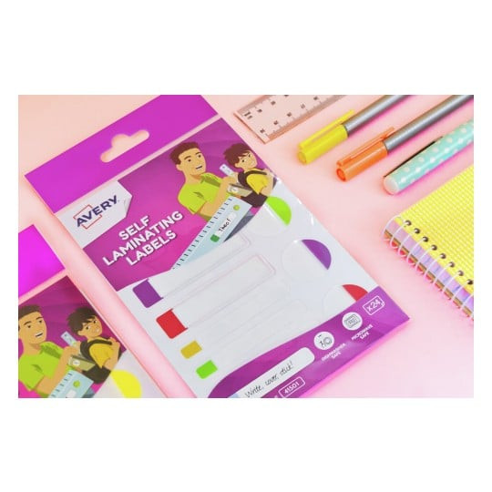 Avery Kids Self Laminating Labels 41501 pack on desk with pens and stationery