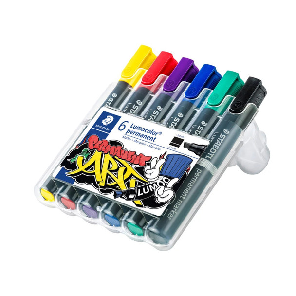 Staedtler 350 WP6-1 Lumocolor Permanent Marker Chisel Tip Assorted Colours Wallet of 6 | It's A Mega Thing