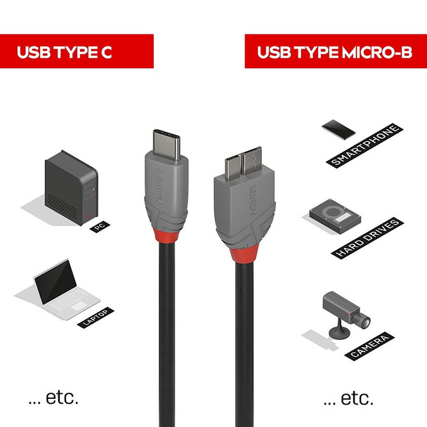 USB 3.2 Type C to Micro-B Cable 5Gbps Anthra Line Lindy 1m